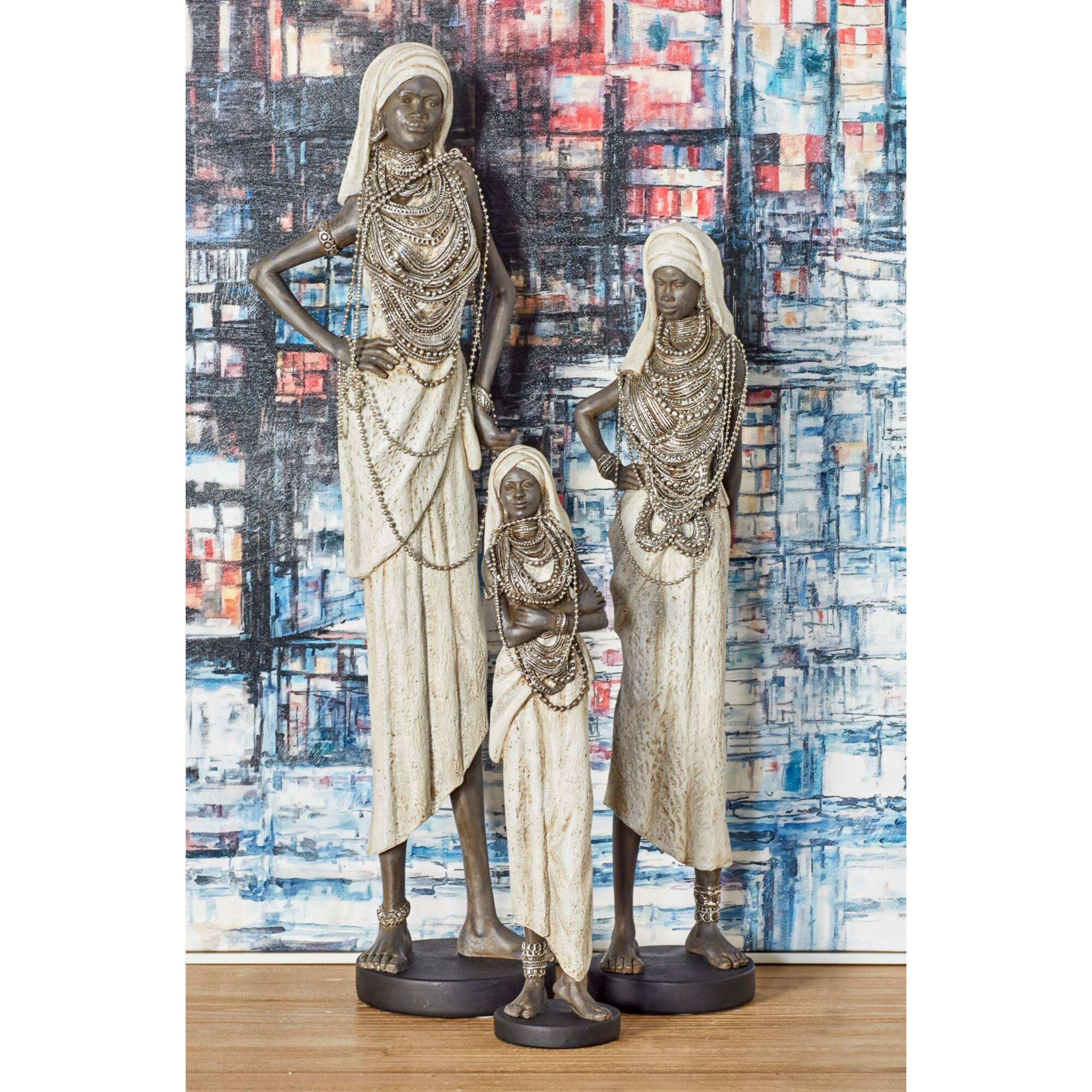 Set of 3 White Eclectic Polystone Women Sculpture 15", 20", 24"